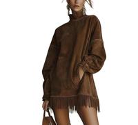 Générique Women's Olive Faux Suede Turtleneck Dress - Elegant with Fringe Hem, Casual Short Sleeveless Shift Dress for Fall Winter (Brown,3TG)