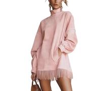 Générique Women's Olive Faux Suede Turtleneck Dress - Elegant with Fringe Hem, Casual Short Sleeveless Shift Dress for Fall Winter (Pink,S)