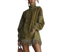 Générique Women's Olive Faux Suede Turtleneck Dress - Elegant with Fringe Hem, Casual Short Sleeveless Shift Dress for Fall Winter (Green,3TG)