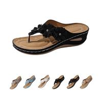 Générique Women's Orthopedic Arch Support Wedge Flip Flops with Floral Appliques Flower Platform Thong Sandals Comfortable Thong Sandals (Black,38)