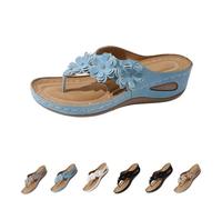 Générique Women's Orthopedic Arch Support Wedge Flip Flops with Floral Appliques Flower Platform Thong Sandals Comfortable Thong Sandals (Sky Blue,38)