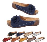 Générique Womens Orthopedic Wedge Sandals 2026 Flower Summer Dressy Flat Open Toe Platform Sandals,with Arch Support Boho Beach Slides (Dark blue,40)