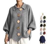 Générique Women's Oversized Collared Knit Sweater with Large Metal Buttons | Open Front Button Lantern Long Sleeve Knit Cardigan,Cozy Wavy Hem Jacket Outerwear,for Fall Winter Casual Office Holiday