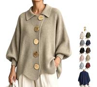 Générique Women's Oversized Collared Knit Sweater with Large Metal Buttons | Open Front Button Lantern Long Sleeve Knit Cardigan,Cozy Wavy Hem Jacket Outerwear,for Fall Winter Casual Office Holiday