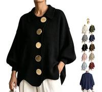 Générique Women's Oversized Collared Knit Sweater with Large Metal Buttons | Open Front Button Lantern Long Sleeve Knit Cardigan,Cozy Wavy Hem Jacket Outerwear,for Fall Winter Casual Office Holiday