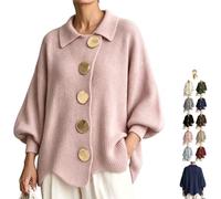 Générique Women's Oversized Collared Knit Sweater with Large Metal Buttons | Open Front Button Lantern Long Sleeve Knit Cardigan,Cozy Wavy Hem Jacket Outerwear,for Fall Winter Casual Office Holiday