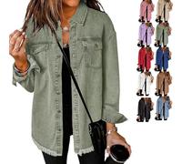 Générique Womens Oversized Denim Jacket Washed Jean Jacket Long Sleeve Button Down Shacket Retro Western Boyfriend Coat Trendy (Green,M)
