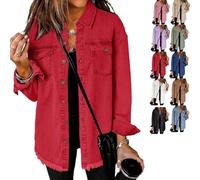 Générique Womens Oversized Denim Jacket Washed Jean Jacket Long Sleeve Button Down Shacket Retro Western Boyfriend Coat Trendy (Red,M)