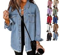 Générique Womens Oversized Denim Jacket Washed Jean Jacket Long Sleeve Button Down Shacket Retro Western Boyfriend Coat Trendy (Blue,M)