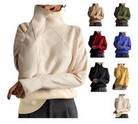 Générique Women's Oversized Turtleneck Diamond Knit Sweater,Casual Warm Pullover Top,Loose High Neck Geometric Ribbed Knitting Sweater