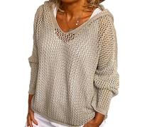 Générique Women's Plus Size Crochet Lightweight Hollow Out Hooded Sweaters (Khaki,TTG)