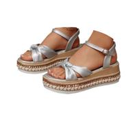 Générique Women's Retro Bow knot Ankle Buckle Wedges Sandals Adjustable Lace Strap Low Heel Ankle Strap Casual Cute Platform Wedding Evening Party Dress Shoes (Silver,41)