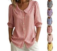 Générique Women's Retro Collar Striped Button Cotton Linen Shirt 3/4 Sleeve Button Down Blouse Casual Summer Beach (Red,TG)