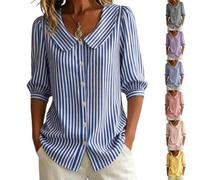 Générique Women's Retro Collar Striped Button Cotton Linen Shirt 3/4 Sleeve Button Down Blouse Casual Summer Beach (Blue,TTG)