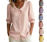 Générique Women's Retro Collar Striped Button Cotton Linen Shirt 3/4 Sleeve Button Down Blouse Casual Summer Beach (Pink,Grand)