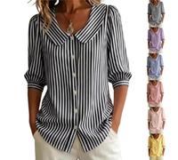 Générique Women's Retro Collar Striped Button Cotton Linen Shirt 3/4 Sleeve Button Down Blouse Casual Summer Beach (Black,3TG)