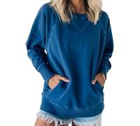 Générique Women's Ribbed Accent Pocketed Pullover, Instantaneou Sweatshirt, Fall Batwing Sleeve Ribbed Pullover with Pockets (Dark Blue)
