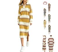 Générique Women's Ribbed Knit Polo Collar Striped Sweater Midi Long Dress | Color Block Striped Pattern,Polo Collar Long Sleeve Button Up Sweater Midi Dress with Side Slit,Fall Winter Knitwear Dresses