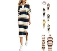 Générique Women's Ribbed Knit Polo Collar Striped Sweater Midi Long Dress | Color Block Striped Pattern,Polo Collar Long Sleeve Button Up Sweater Midi Dress with Side Slit,Fall Winter Knitwear Dresses