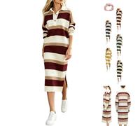 Générique Women's Ribbed Knit Polo Collar Striped Sweater Midi Long Dress | Color Block Striped Pattern,Polo Collar Long Sleeve Button Up Sweater Midi Dress with Side Slit,Fall Winter Knitwear Dresses
