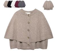 Générique Women's Round Neck Cropped Knit Cape Cardigan, Button Up Shawl Sweater Coat Casual Old Money Aesthetic (Khaki,Grand)