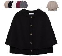 Générique Women's Round Neck Cropped Knit Cape Cardigan, Button Up Shawl Sweater Coat Casual Old Money Aesthetic (Black,M)