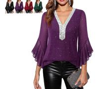 Générique Women's Ruffle 3/4 Sleeve Sparkly Tops Sequin V Neck Blouses Dressy Fall Shirts Layers Mesh Tunic Blouse 2026 New (Purple,Grand)