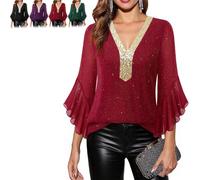 Générique Women's Ruffle 3/4 Sleeve Sparkly Tops Sequin V Neck Blouses Dressy Fall Shirts Layers Mesh Tunic Blouse 2026 New (Bright Red,TG)