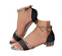 Générique Women's Sparkly Low Chunky Block Heels Sandals Rhinestone Square Open Toe Ankle Strap Dress Pump Sandals Wide Width Strappy Sandals Non-Slip Walking Shoes (Black,37)