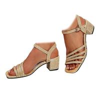 Générique Women's Sparkly Low Chunky Block Heels Sandals Rhinestone Square Open Toe Ankle Strap Dress Pump Sandals Wide Width Strappy Sandals Non-Slip Walking Shoes (Gold,38)