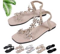 Générique Women's Sparkly Rhinestone Elastic Strap Elegant Slip On Flat Sandals (Beige,41)