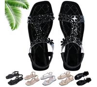 Générique Women's Sparkly Rhinestone Elastic Strap Elegant Slip On Flat Sandals (Black-A,41)