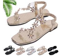 Générique Women's Sparkly Rhinestone Elastic Strap Elegant Slip On Flat Sandals (Gold,42)