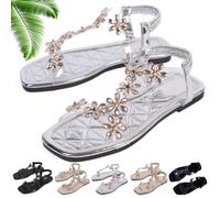 Générique Women's Sparkly Rhinestone Elastic Strap Elegant Slip On Flat Sandals (Silver,42)
