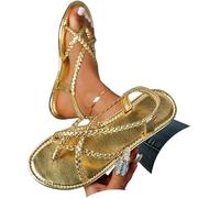 Générique Women's Strappy Flat Sandals Woven Strap Dressy Ankle Strap Casual Summer Thong Beach Flats Flip Flops Open Toe Elastic Comfortable Arch Support Lightweight Shoes (Gold,41)
