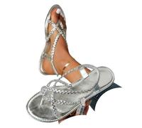 Générique Women's Strappy Flat Sandals Woven Strap Dressy Ankle Strap Casual Summer Thong Beach Flats Flip Flops Open Toe Elastic Comfortable Arch Support Lightweight Shoes (Silver,38)