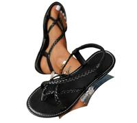 Générique Women's Strappy Flat Sandals Woven Strap Dressy Ankle Strap Casual Summer Thong Beach Flats Flip Flops Open Toe Elastic Comfortable Arch Support Lightweight Shoes (Black,42)