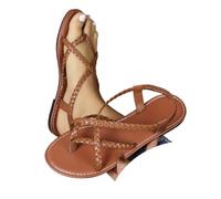 Générique Women's Strappy Flat Sandals Woven Strap Dressy Ankle Strap Casual Summer Thong Beach Flats Flip Flops Open Toe Elastic Comfortable Arch Support Lightweight Shoes (Brown,40)
