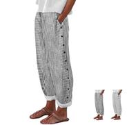 Générique Womens Stripe Linen Pants Casual Side Button Loose Elastic Waisted Lightweight Straight Leg Trousers with Pockets (Black,M)