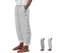 Générique Womens Stripe Linen Pants Casual Side Button Loose Elastic Waisted Lightweight Straight Leg Trousers with Pockets (White,TTG)