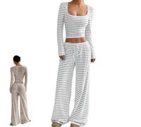 Générique Womens Striped 2 Piece Square Neck Cropped Top Drawstring Wide Leg Pant Lounge Set Casual Ribbed Knit Sweatsuit (Light Gray,S)
