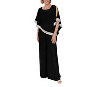 Générique Women's Suit 2 Piece Sequined Elegant Set for Lady Loose Solid Color Casual Two-Piece Outfits Summer Chiffon Semi Formal Pants Suits for Wedding Evening Party (Black, L)