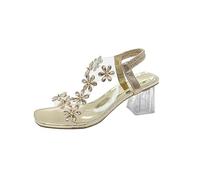 Générique Women's Summer Flower Rhinestone Open Toe Block Heel Sandals Elastic Ankle Strap Chunky Square Open Toe Heeled Sandals (Gold,36)