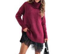 Générique Women's Turtleneck Sweater Mini Dress Set - 2 Piece Winter Outfit with Elegant Lace-Trim Slip Dress, Soft Oversized Knit Top (Red,XXL)