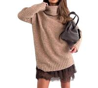 Générique Women's Turtleneck Sweater Mini Dress Set - 2 Piece Winter Outfit with Elegant Lace-Trim Slip Dress, Soft Oversized Knit Top (Khaki,3XL)