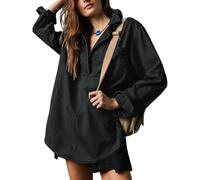 Générique Women's V-Neck Denim Pullover Hoodie Sweatshirt Casual Loose Stretch Comfortable Buttonless Top with Long Sleeves (Black,Grand)