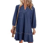 Générique Women's V-Neck Puff Sleeve Denim Layered Dress Summer Jean Dresses with 3/4 Sleeves Babydoll Mini Jean Dress (Dark Blue,TP)