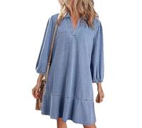 Générique Women's V-Neck Puff Sleeve Denim Layered Dress Summer Jean Dresses with 3/4 Sleeves Babydoll Mini Jean Dress (Light Blue,TTP)