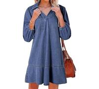 Générique Women's V-Neck Puff Sleeve Denim Layered Dress Summer Jean Dresses with 3/4 Sleeves Babydoll Mini Jean Dress (Blue,S)