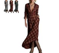Générique Womens Vintage Plaid Shirt Dress Long Sleeve V Neck Button Down Dresses Casual Plaid Maxi Dress with Pockets 2026 New (Brown,Grand)